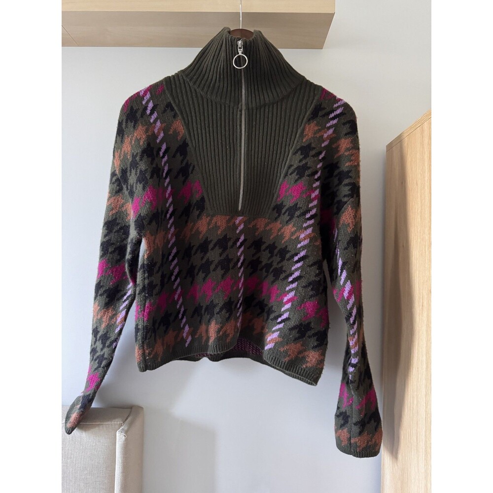 Naadam Womens S Green Luxe Houndstooth Quarter Zip Cashmere Jacquard Sweater